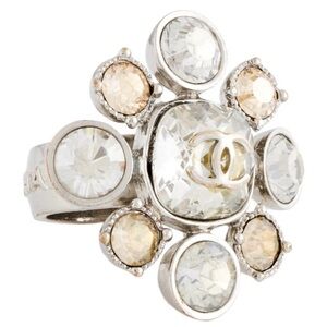 CHANEL Strass Silver and Gold-Tone Crystal Designer Luxury Cocktail Ring Size 6